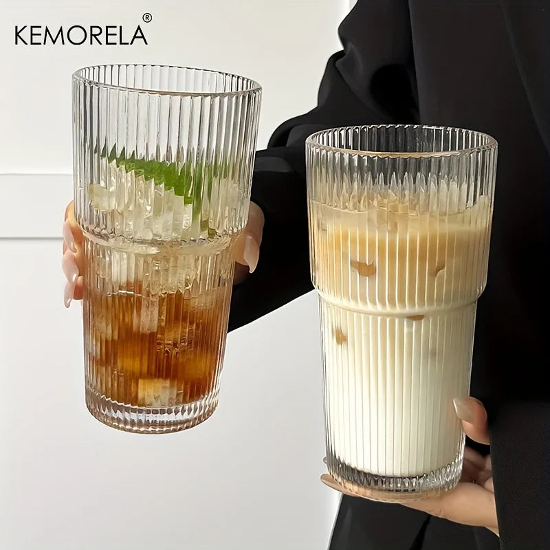 600ML Stripe Glass Coffee Cup With Lid and Without Cover Straw