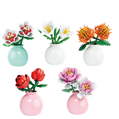 HUIQIBAO MOC Flower with Vase Model Building Block DIY Eternal Bouquet