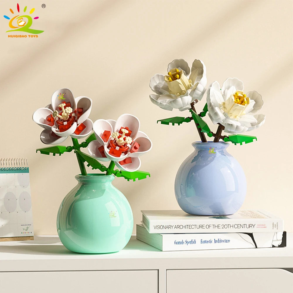 HUIQIBAO MOC Flower with Vase Model Building Block DIY Eternal Bouquet