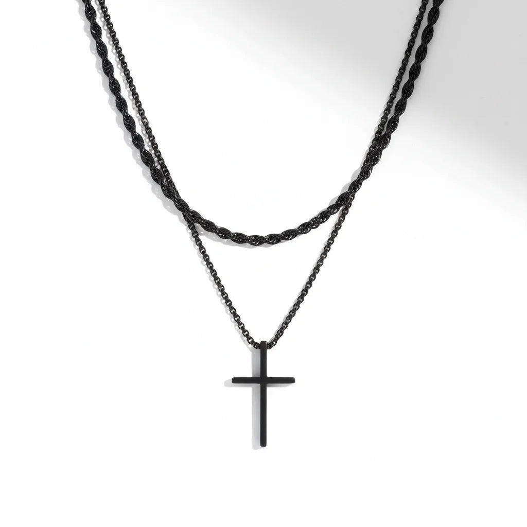 2Pcs Stainless Steel Cross Pendant Necklace For Men Titanium Steel