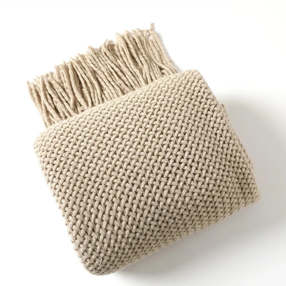 Cable Knit Khaki Throw Blanket Lightweight Knitted Jacquard Throw