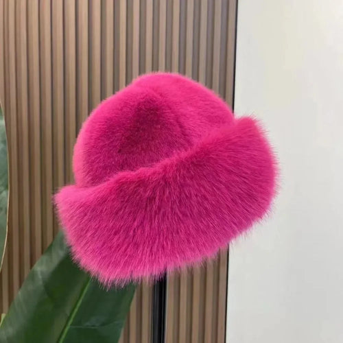 Women's Fluffy Fur Bucket Hat Plush Winter Fisherman Cap Warm Thick
