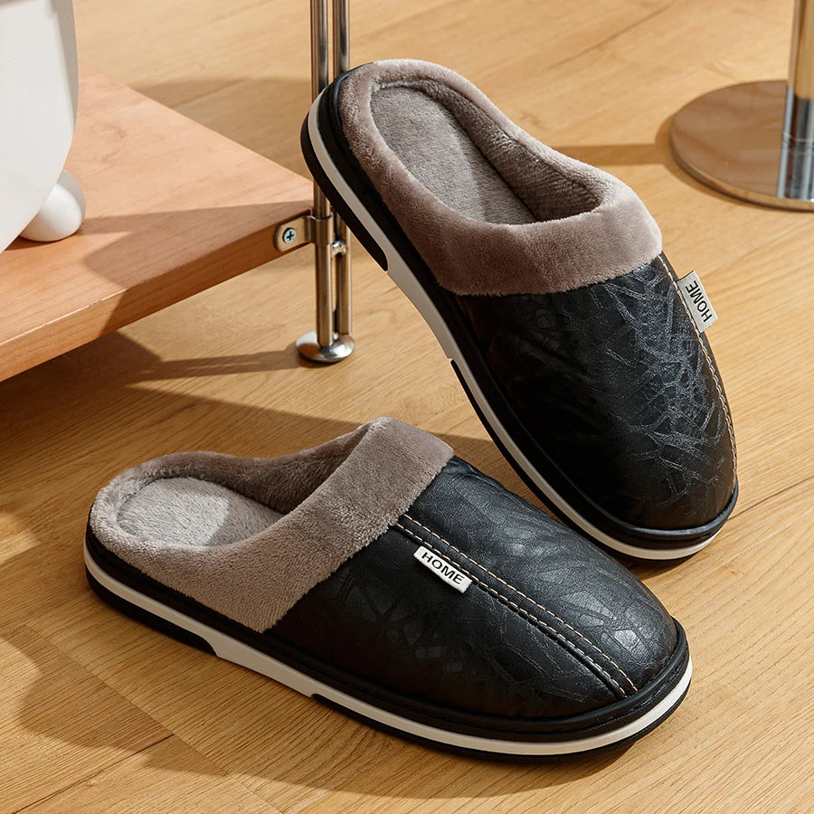 PU Leather Big Sizes Men Slippers Indoor Waterproof Fur Flat