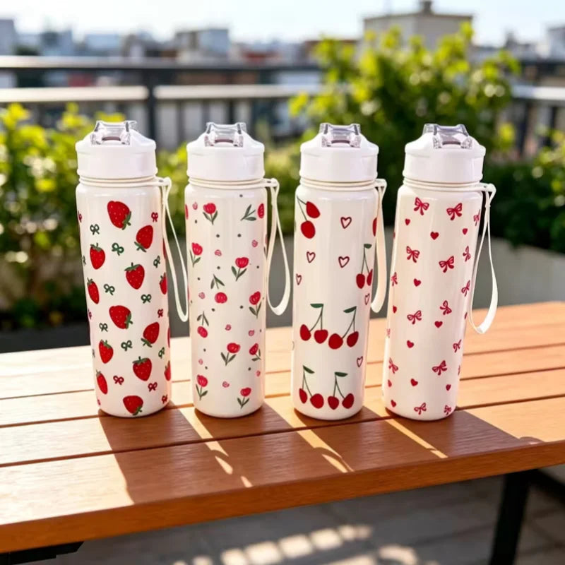 750ML Cute Strawberry Cherry Flower Bowknot Printed Tumbler with Pure