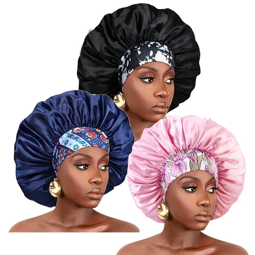 Women Silky Satin Hair Bonnet Thick Hair Sleep Cap Elastic Band Beanie