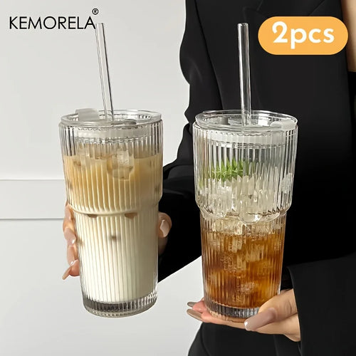 600ML Stripe Glass Coffee Cup With Lid and Without Cover Straw