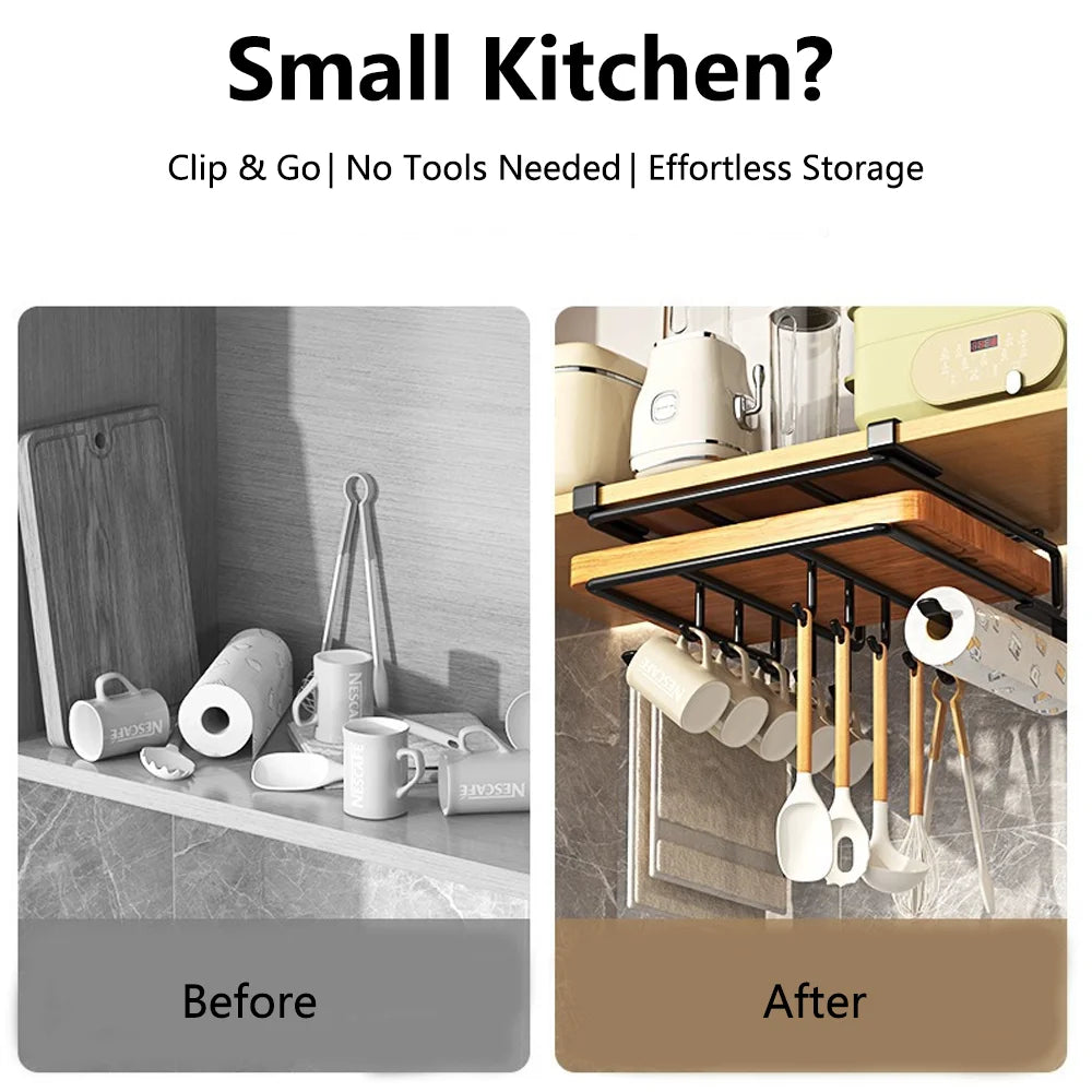 Kitchen Hanging Organizer Rack with Hooks Under Cupboard Paper Towel