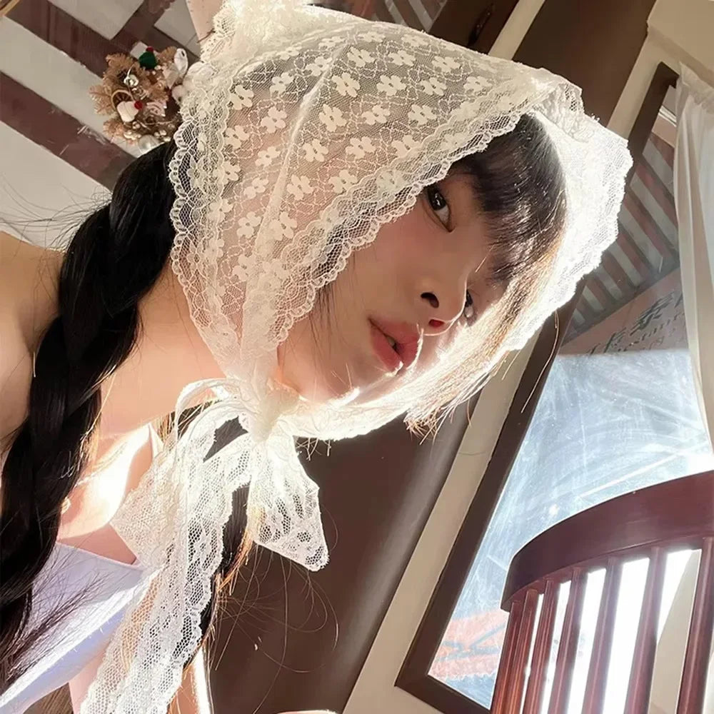 Elegant Lace Triangle Scarf for Women White Sweet Floral Design