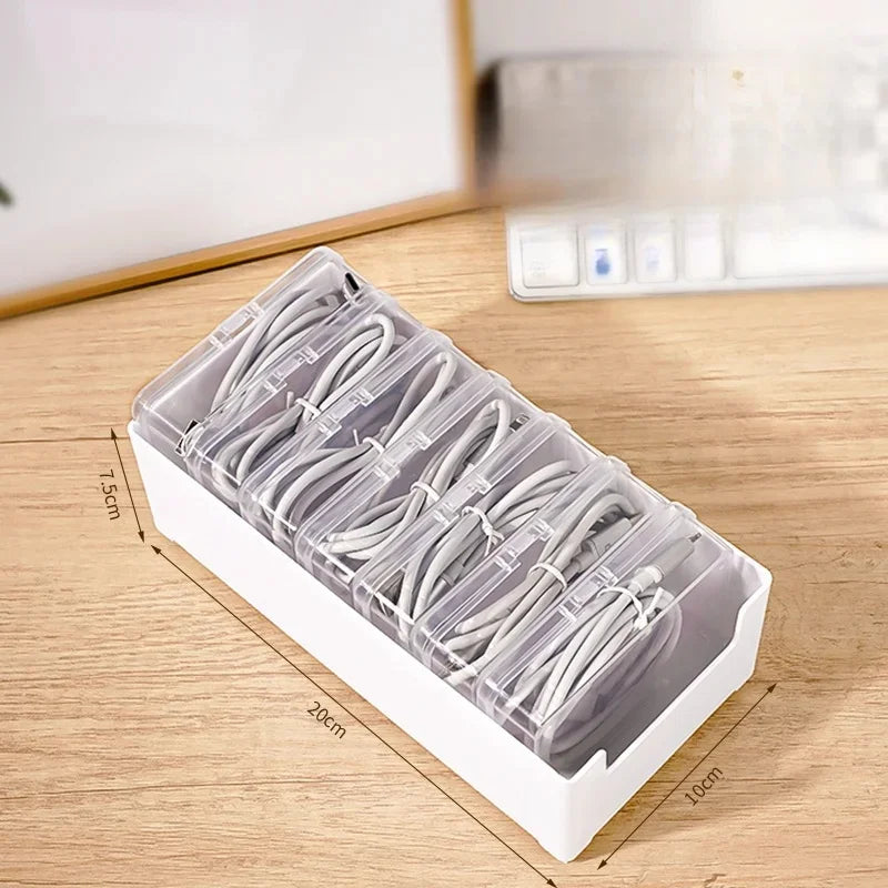 Data Cable Storage Box with 7 Compartments, Desktop Cord Organizer for