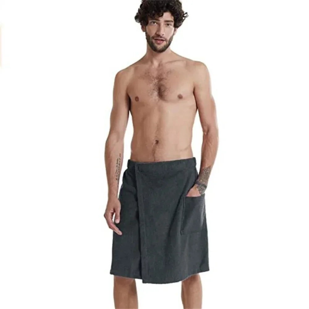 Men Soft Wearable Bath Towel with Pocket Bathrobes Shower Wrap Sauna