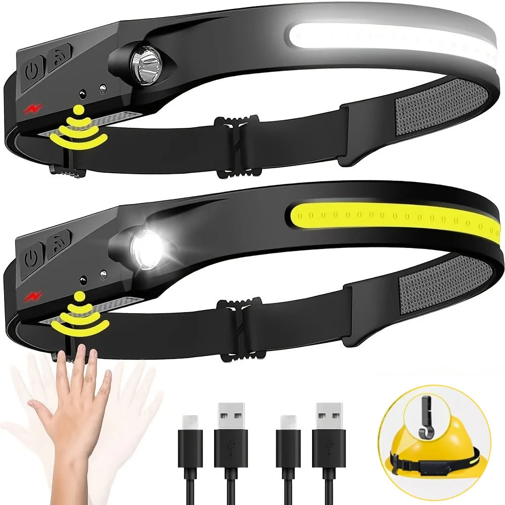 COB LED Headlamp Sensor Headlight with Built-in Battery Flashlight USB
