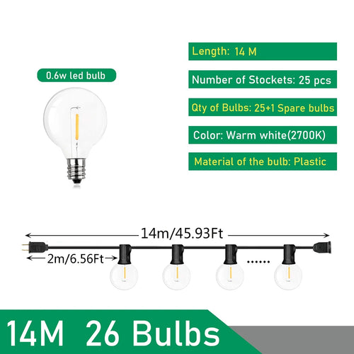 Outdoor String Lights LED G40 Festoon Fairy Patio Garland
