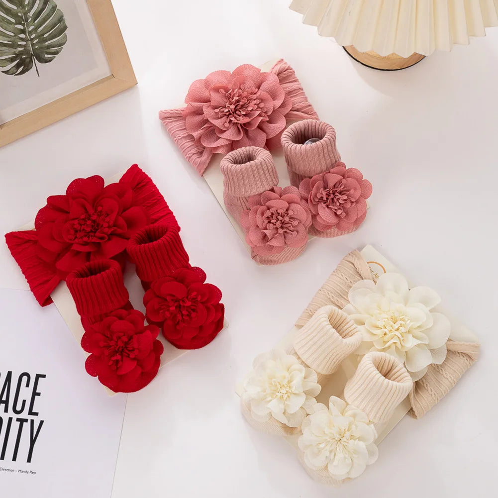 3Pcs/Set Lace Flower Baby Headbands Socks Cotton Non-slip Anklet 0-12M