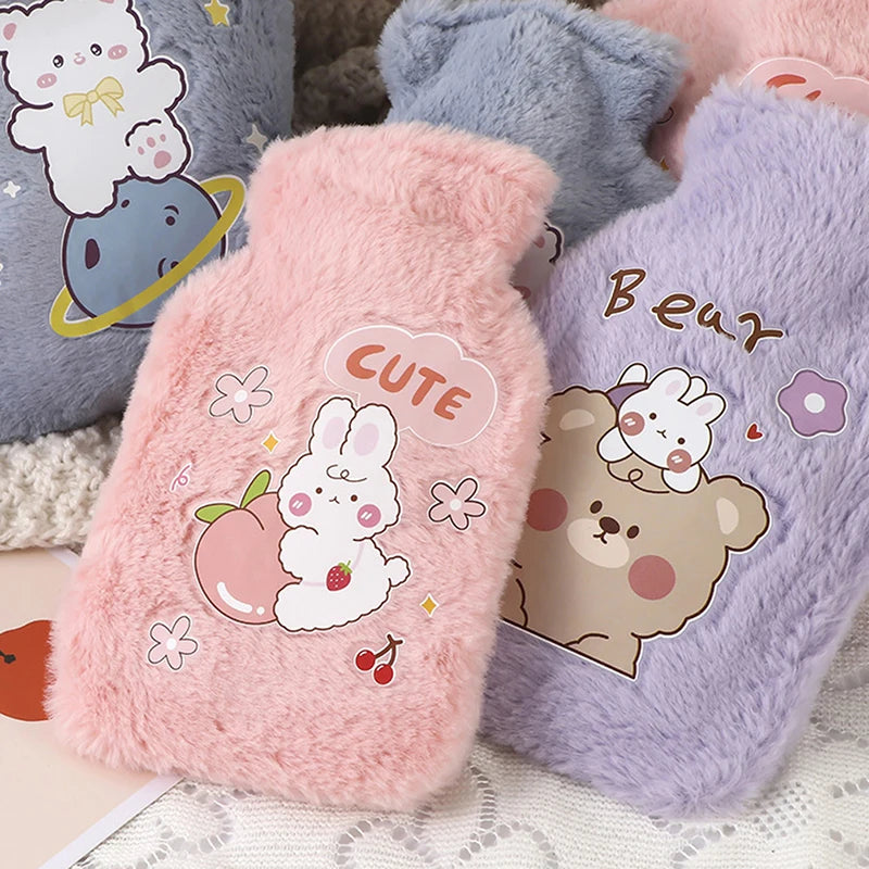 Cartoon Plush Rabbit Bear Hot Water Bottle Water Filling Velvet Small