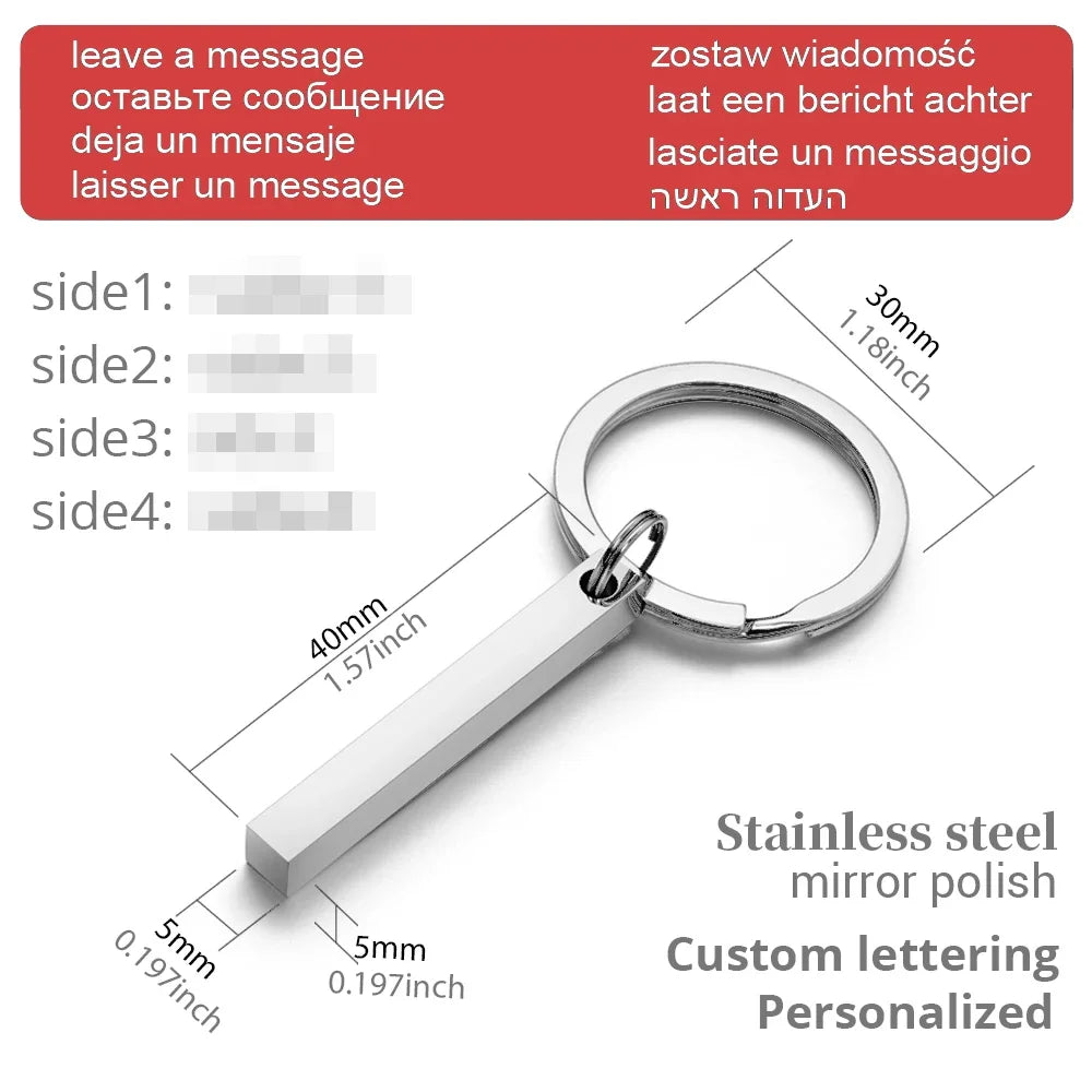 3D Bar Stainless Steel Personalize Keychains Engrave Text Name Date