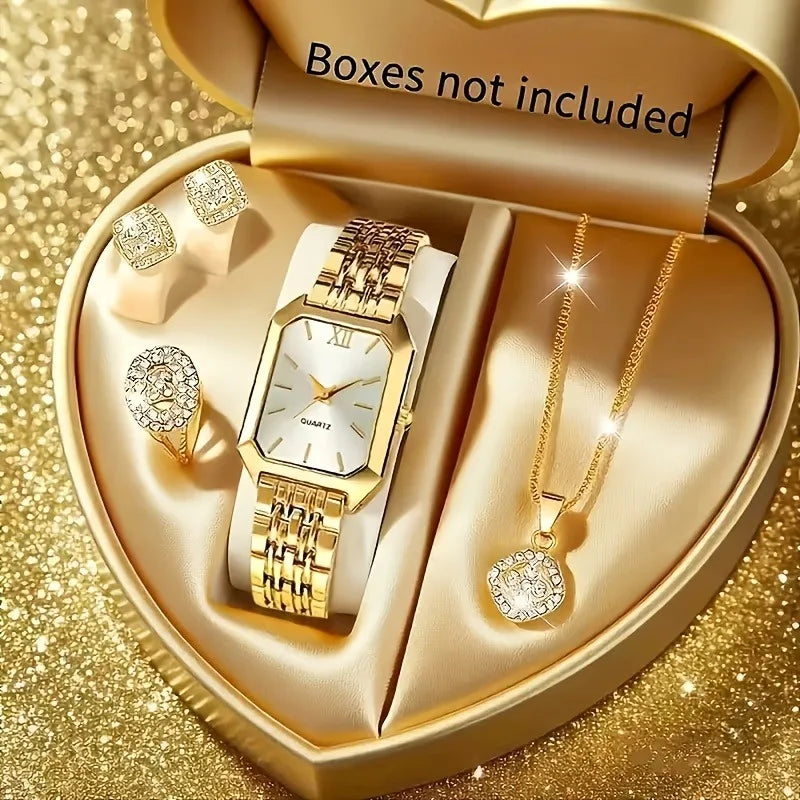 5 Pcs Womens Elegant Rectangle Rhinestone Quartz Watch Jewelry Set