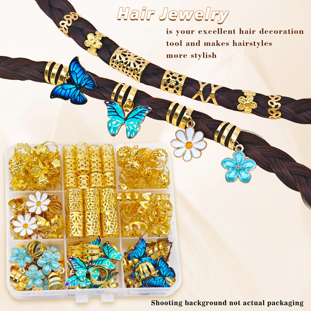 56pcs Vibrant Garden Hair Rings with Blue & Green Butterflies, White
