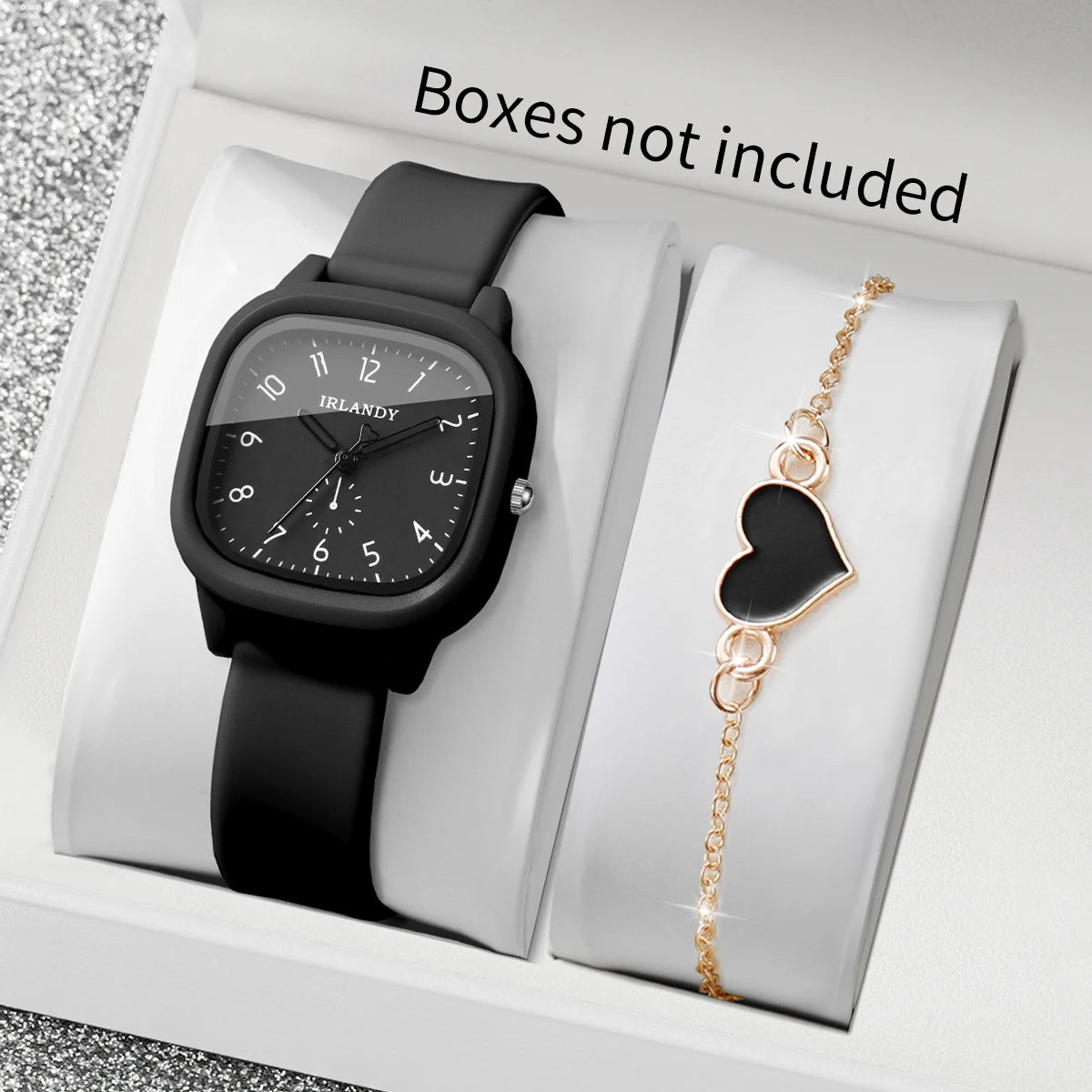 2PCS Fashion Arabic Dial Women Quartz Watch Heart Bracelet Set Square