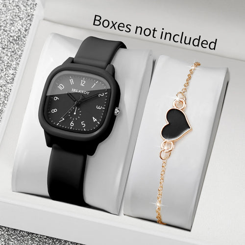 2PCS Fashion Arabic Dial Women Quartz Watch Heart Bracelet Set Square