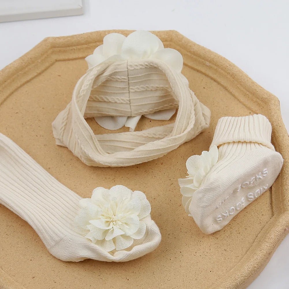 3Pcs/Set Lace Flower Baby Headbands Socks Cotton Non-slip Anklet 0-12M