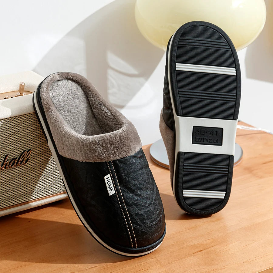 PU Leather Big Sizes Men Slippers Indoor Waterproof Fur Flat