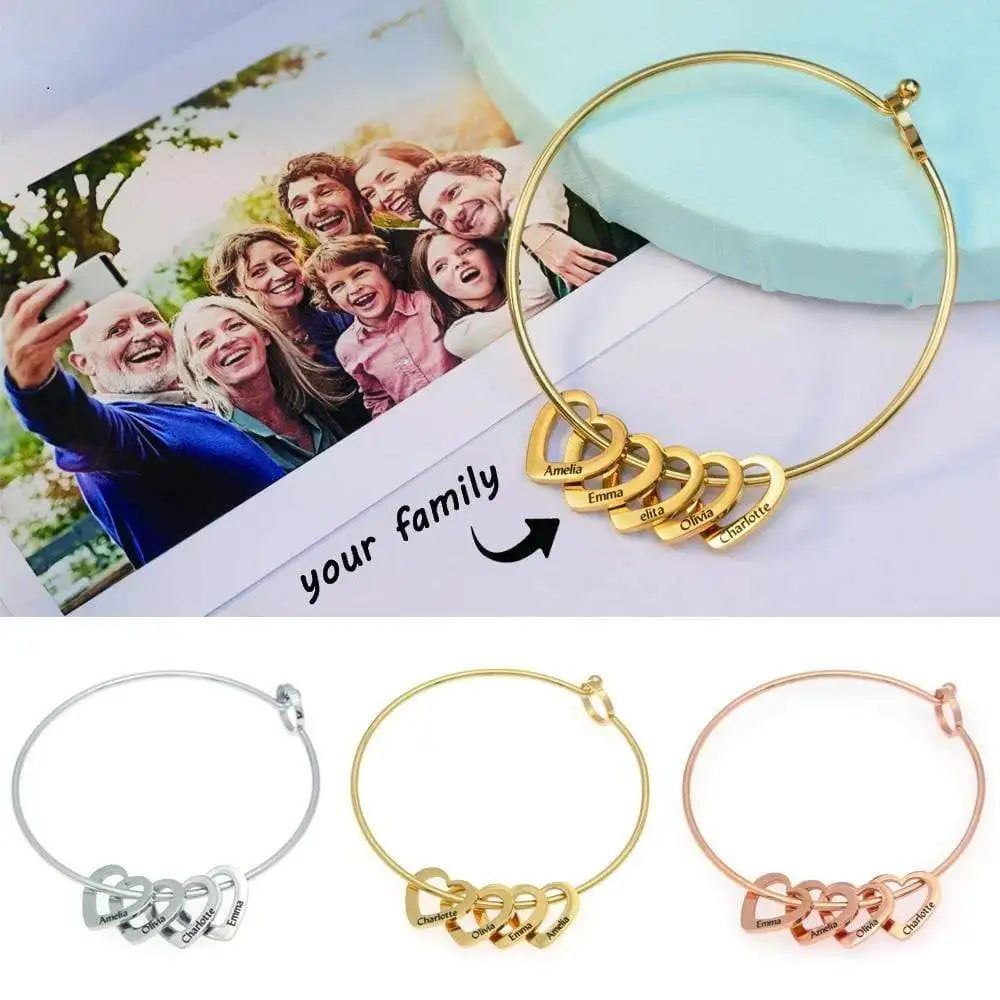 Custom Family Names Heart Beads Bangle Bracelet Personalized Names