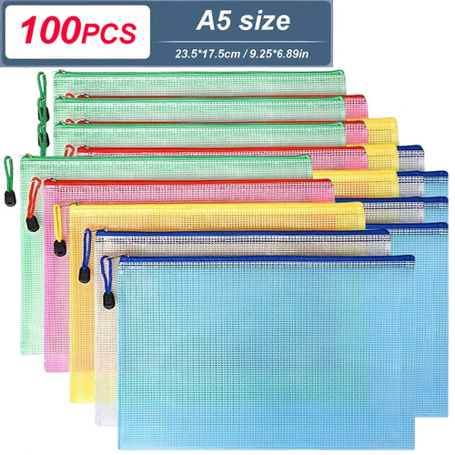 5-100PCS Stationery Storage Folder File Mesh Zipper Pouch A4/A5/A6