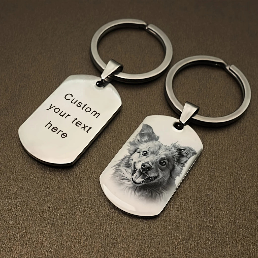 Personalized Photo Keychain, Custom-Engraved Stainless Steel Dog Tag