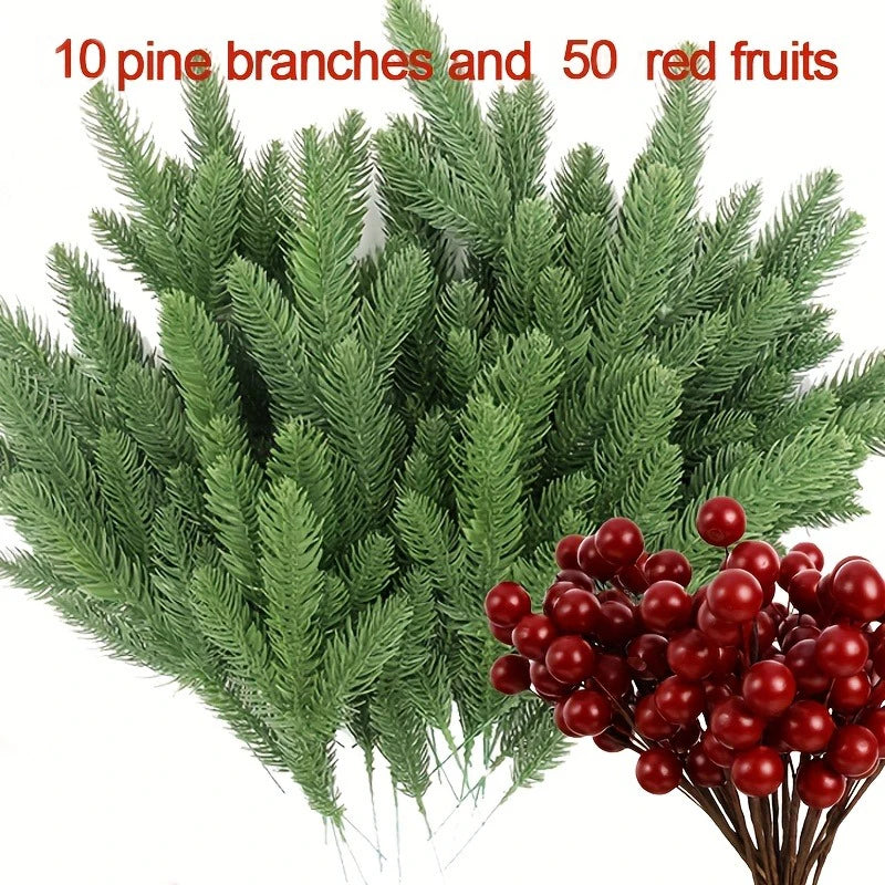 60 Pcs Artificial Pine Needles Berry Bouquet Christmas Decoration