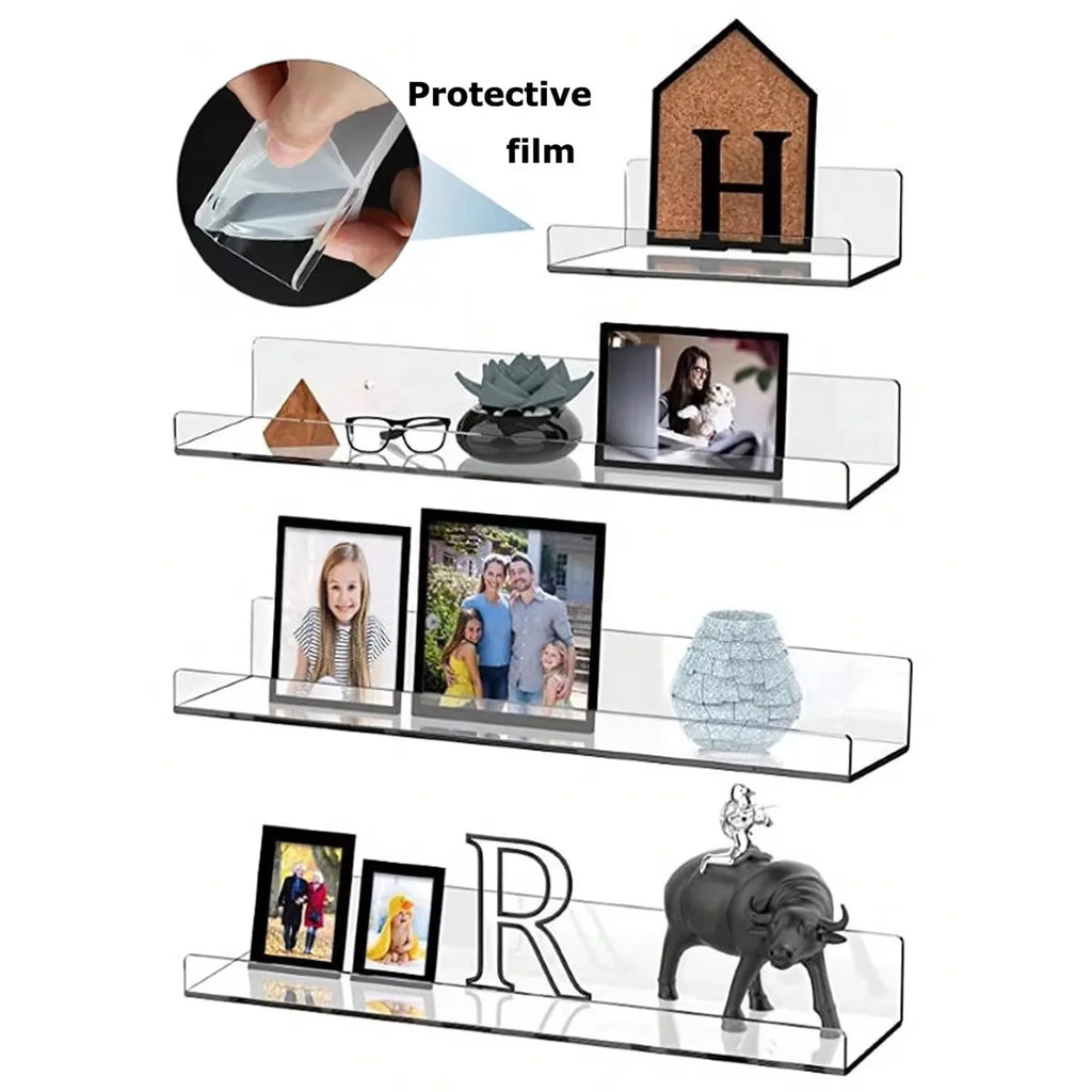 2pc Clear Acrylic Storage Rack Wall Mounted Book Floating Shelf Makeup