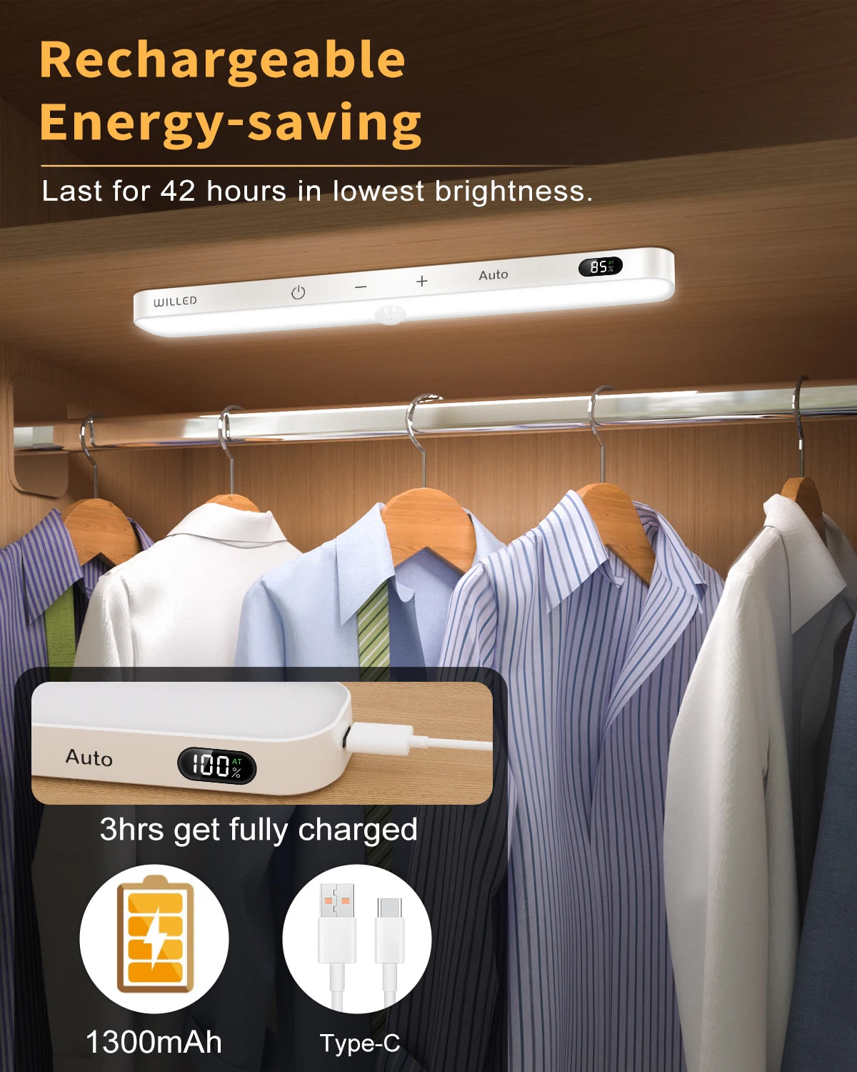 WILLED Motion Sensor Cabinet Light Battery Display 60 LED Touch Light