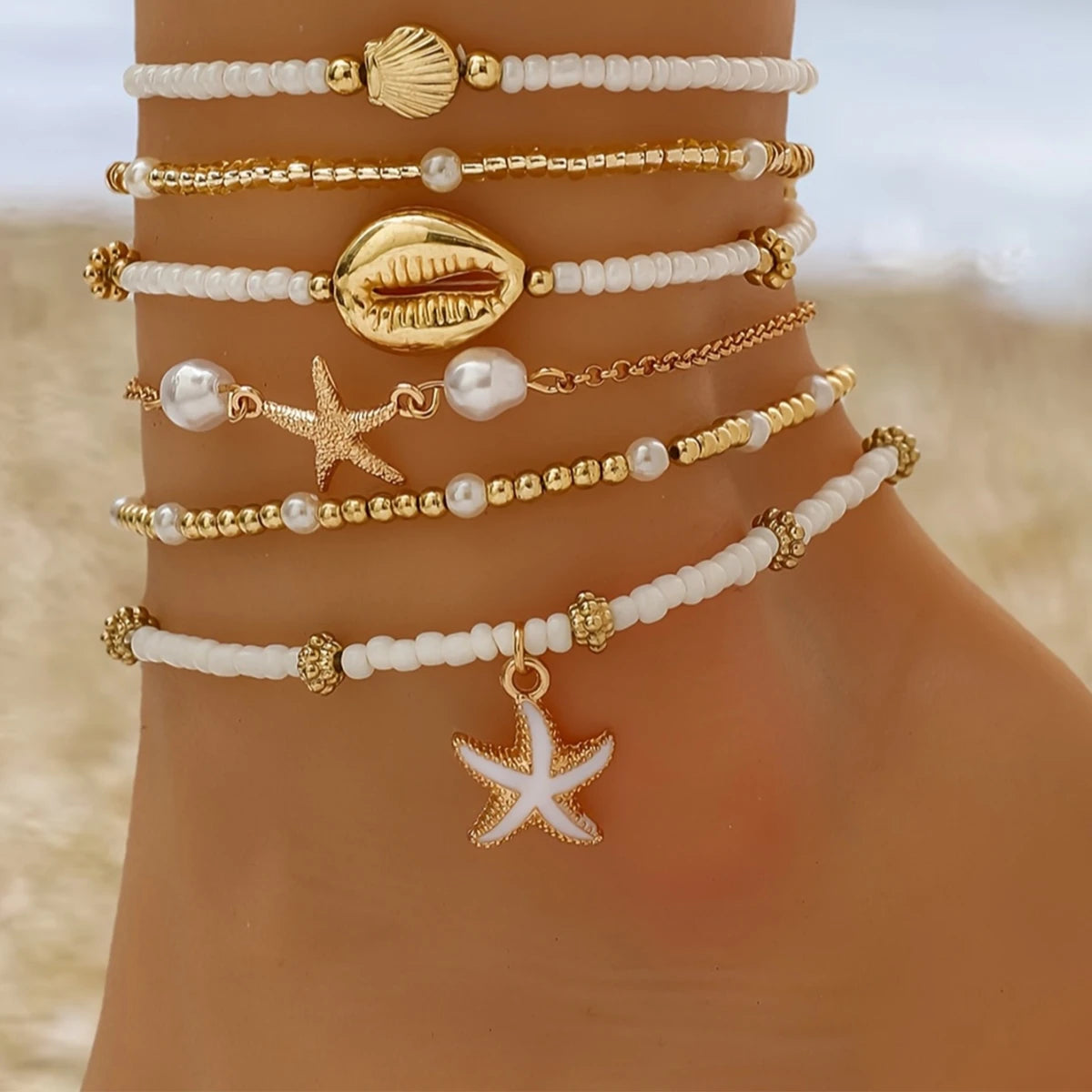 6pcs/set Fashion Stackable Starfish Shell Pendant Beads Anklets Set