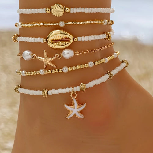 6pcs/set Fashion Stackable Starfish Shell Pendant Beads Anklets Set