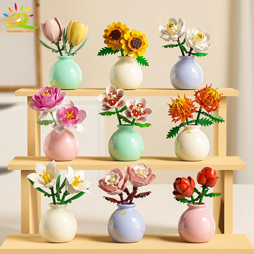 HUIQIBAO MOC Flower with Vase Model Building Block DIY Eternal Bouquet