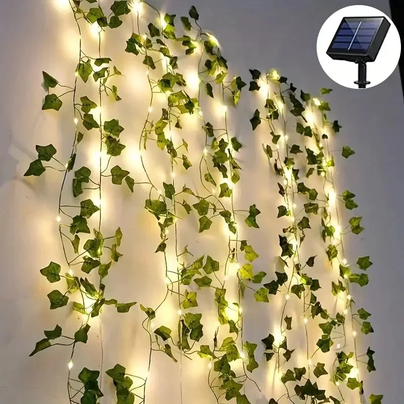 Green Fairy Lights with Solar-Powered Artificial Ivy Leaves