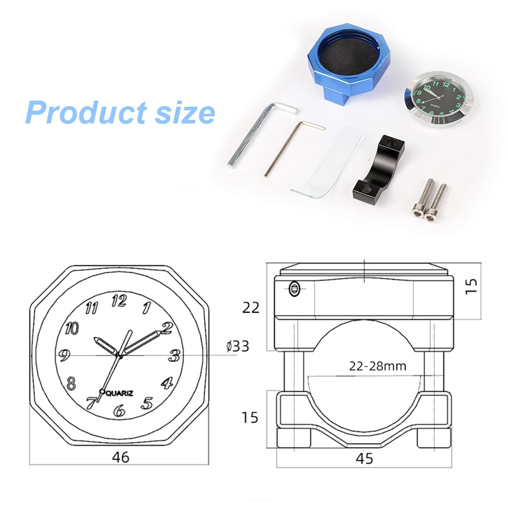 Universal 22-28mm Waterproof Motorcycle Bike Handlebar Clock Mount