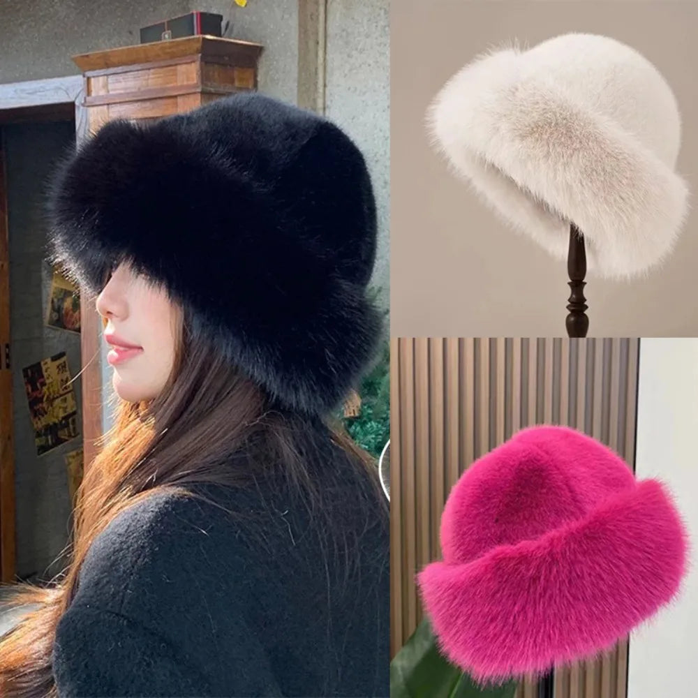Women's Fluffy Fur Bucket Hat Plush Winter Fisherman Cap Warm Thick