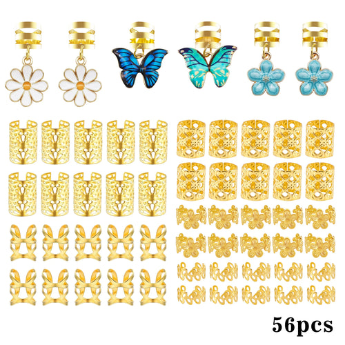 56pcs Vibrant Garden Hair Rings with Blue & Green Butterflies, White