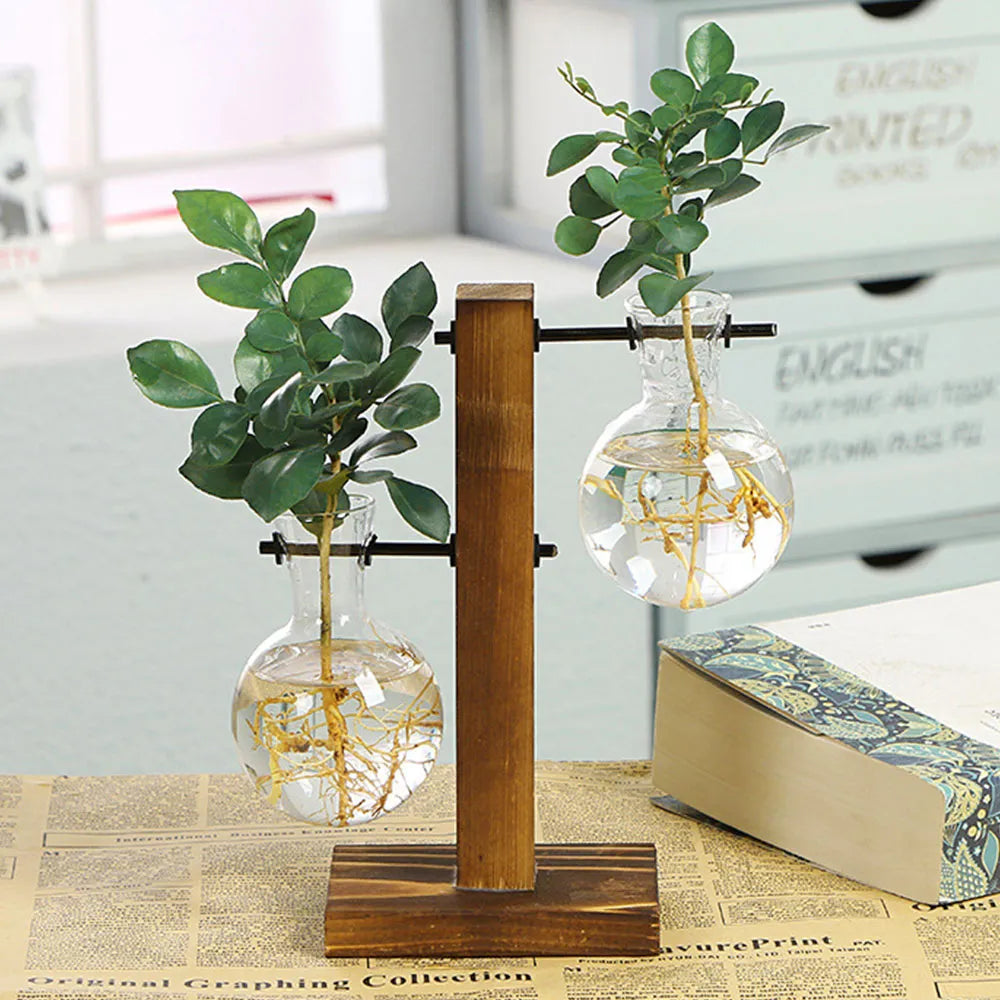 Creative Glass Desktop Planter Bulb Vase Wooden Stand Hydroponic Plant