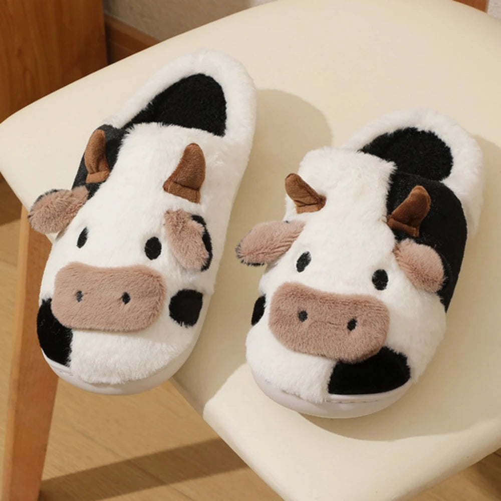 Winter Home Slippers for Couples Warm Plush Neutral Cartoon Cow Indoor