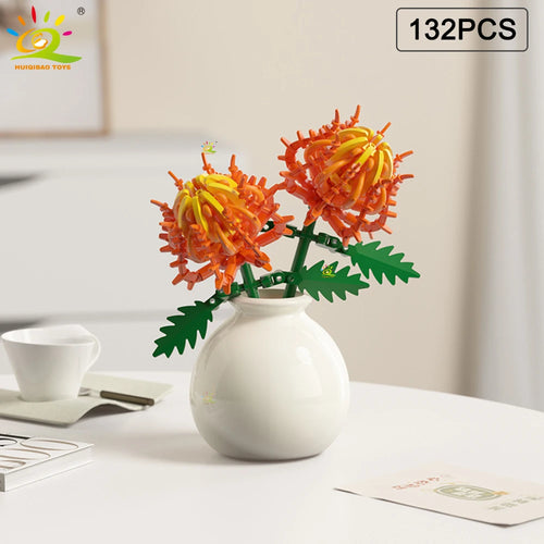 HUIQIBAO MOC Flower with Vase Model Building Block DIY Eternal Bouquet