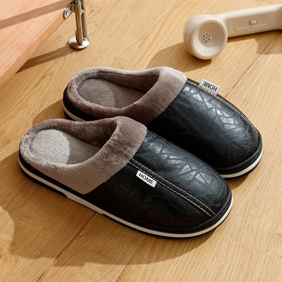 PU Leather Big Sizes Men Slippers Indoor Waterproof Fur Flat