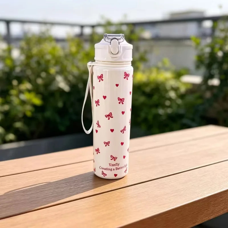 750ML Cute Strawberry Cherry Flower Bowknot Printed Tumbler with Pure