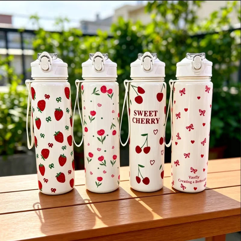750ML Cute Strawberry Cherry Flower Bowknot Printed Tumbler with Pure