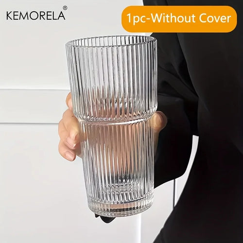 600ML Stripe Glass Coffee Cup With Lid and Without Cover Straw