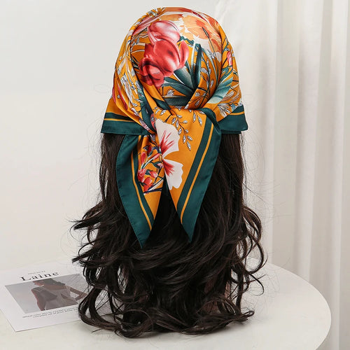 Bohemian Style Floral Print Women’s Square Silk Scarf Satin Head Wrap
