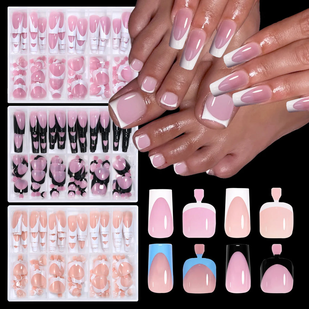 144pcs French Black Pink Hand&Foot WearIng Nail Set Short Square False