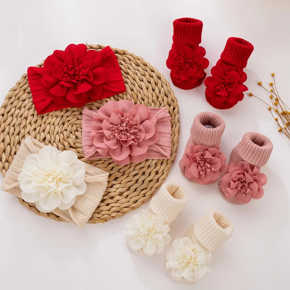 3Pcs/Set Lace Flower Baby Headbands Socks Cotton Non-slip Anklet 0-12M