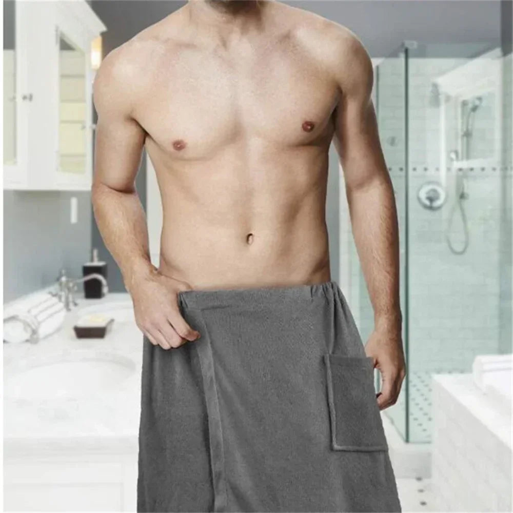 Men Soft Wearable Bath Towel with Pocket Bathrobes Shower Wrap Sauna