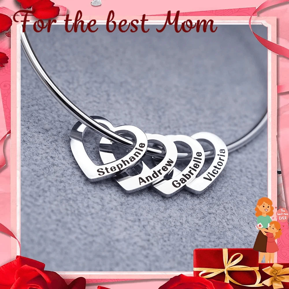 Custom Family Names Heart Beads Bangle Bracelet Personalized Names